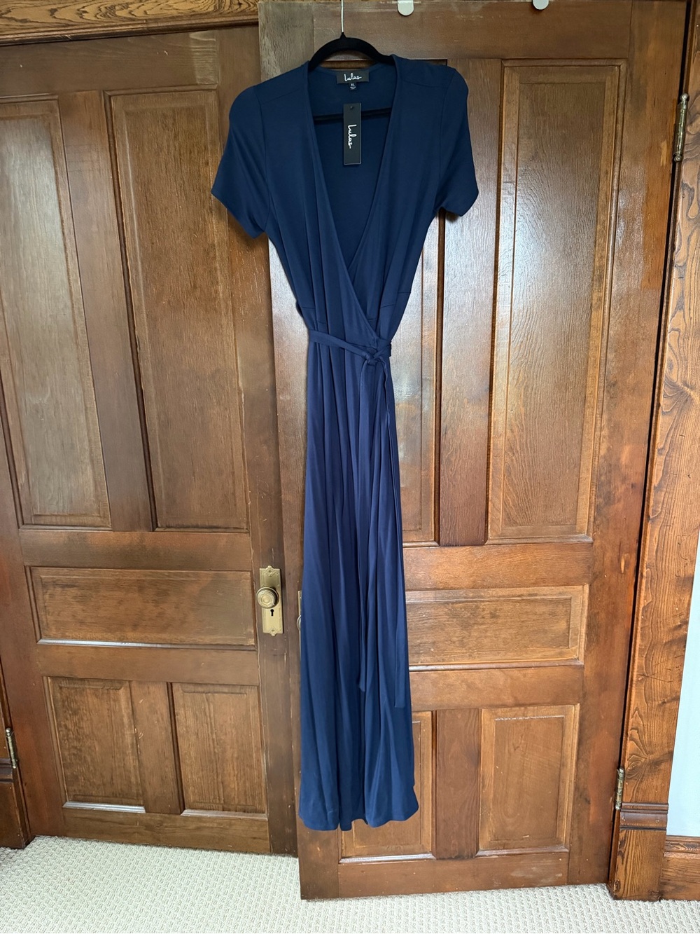 Lulu's Deep Navy Short-Sleeve Wrap Maxi Dress